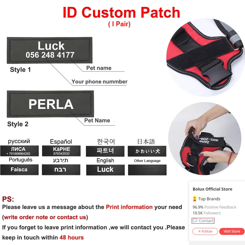 Customized Reflective Dog Harness with ID Patch – No-Pull, Breathable & Adjustable Outdoor Vest